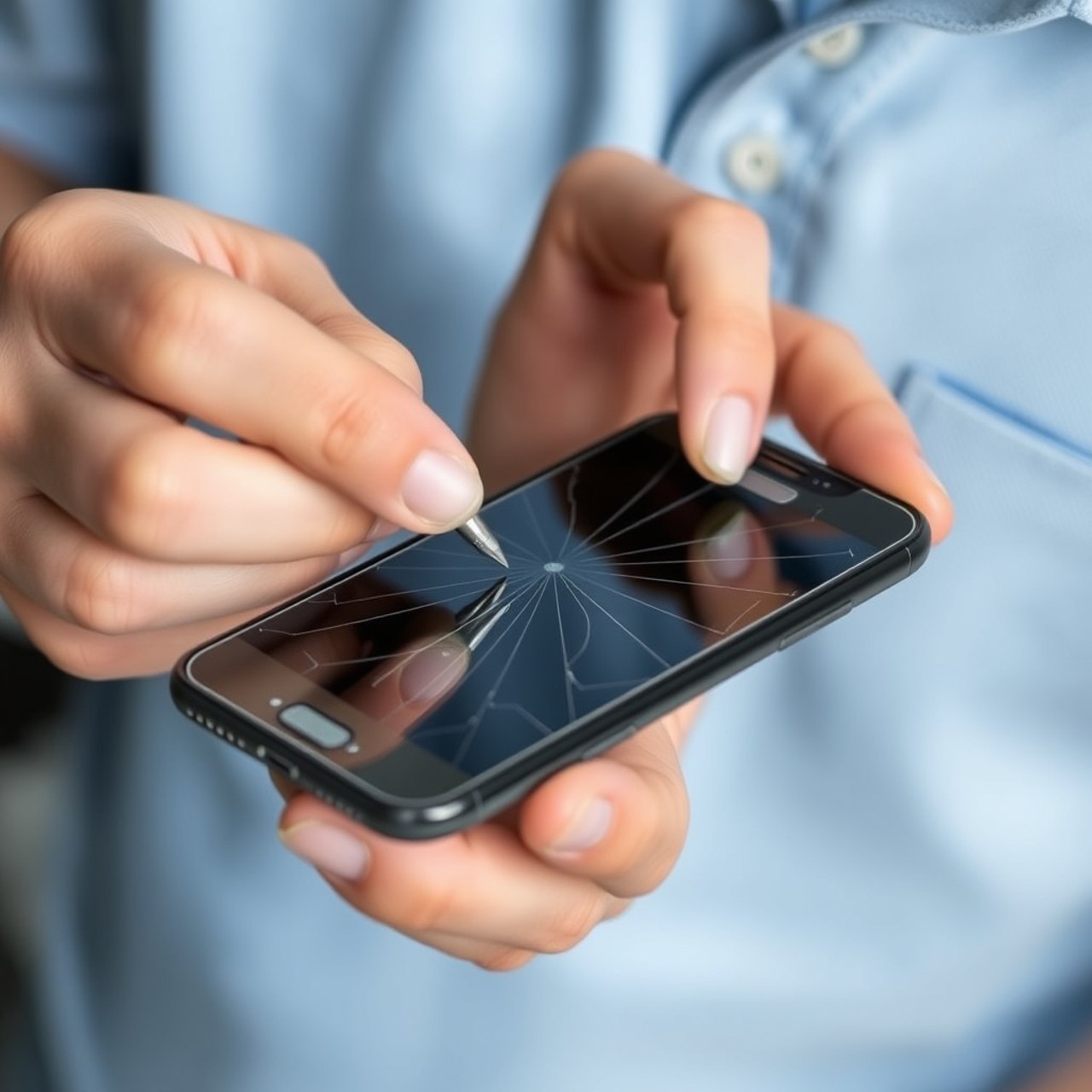 Smartphone mit gesprungenem Glas wird geprüft